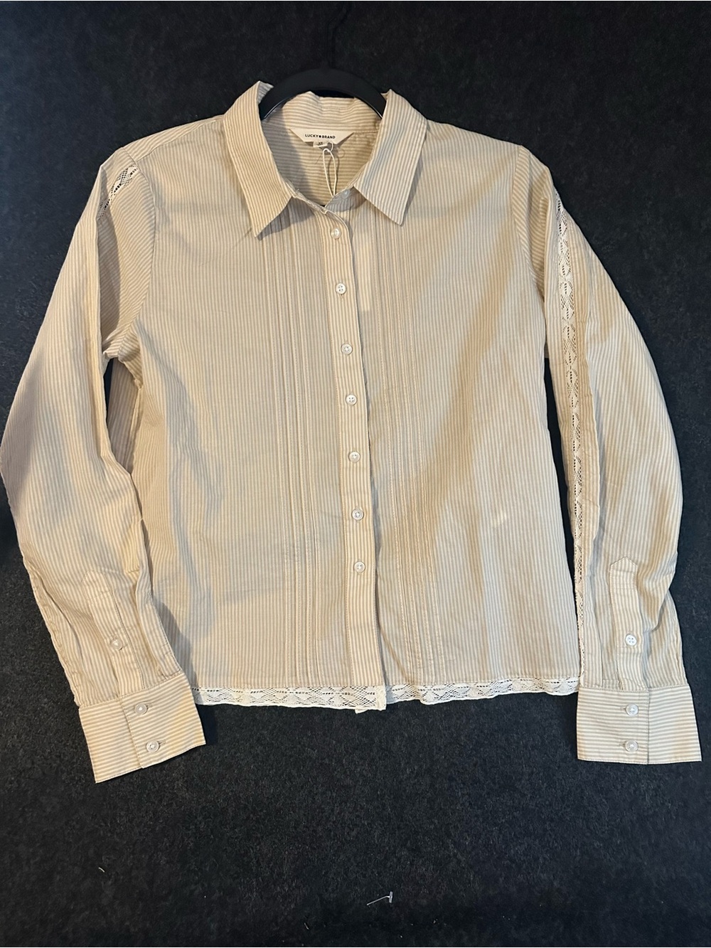Lucky Brand Women's Button Down Shirt Tan Striped Lace Trim Long Sleeve XS